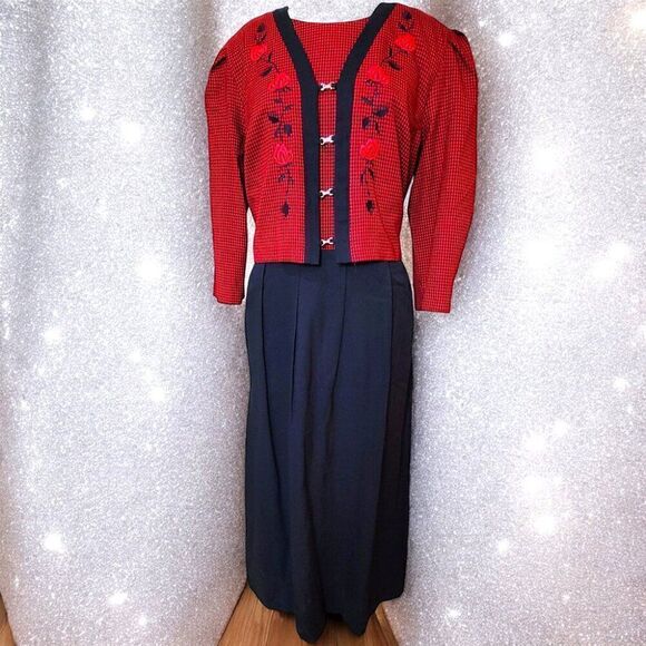 Ms Dorby red black houndstooth embroidered roses long dress - Picture 1 of 7